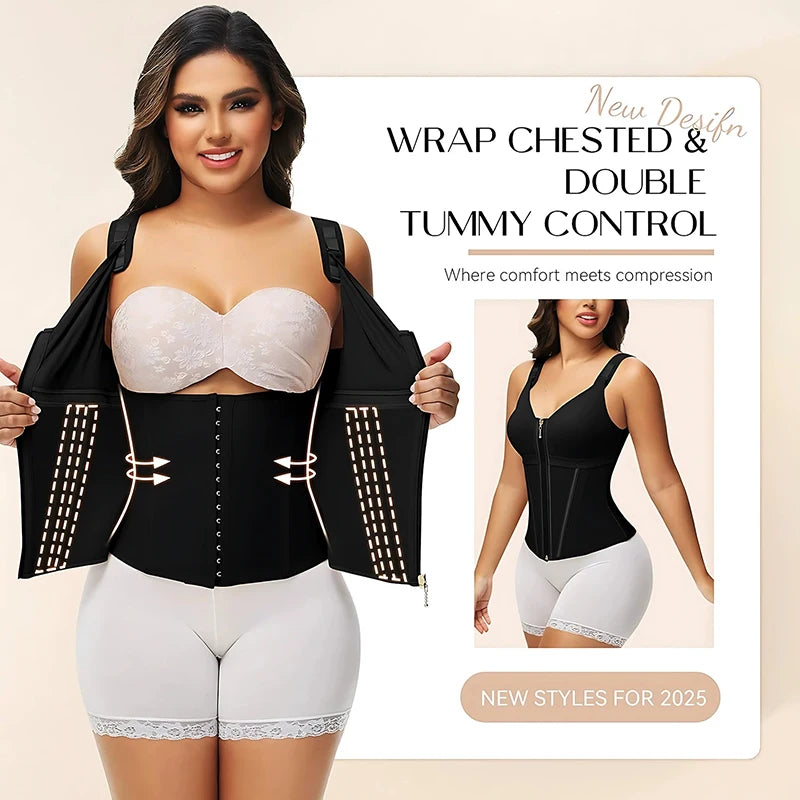 Double Compression Vest Bra Waist Trainer Corset with 17 Steel Bone Flat Belly Strap Slim Body Shaper Fajas Colombianas Girdles